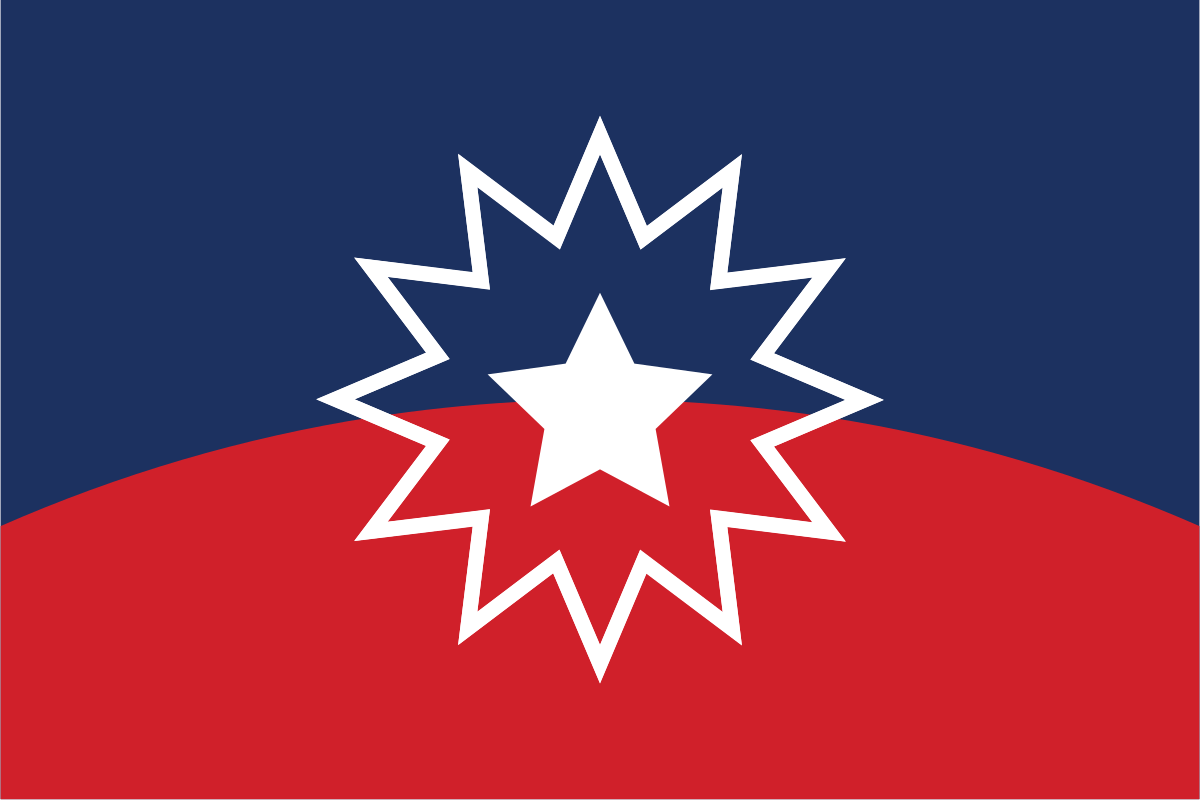 Flag with a blue field on the top and a red field on the bottom meeting in an arc across the middle of the flag. On top of the fields is a white five point star surrounded by a white starburst.