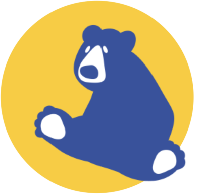 Blue bear seated inside a yellow circle
