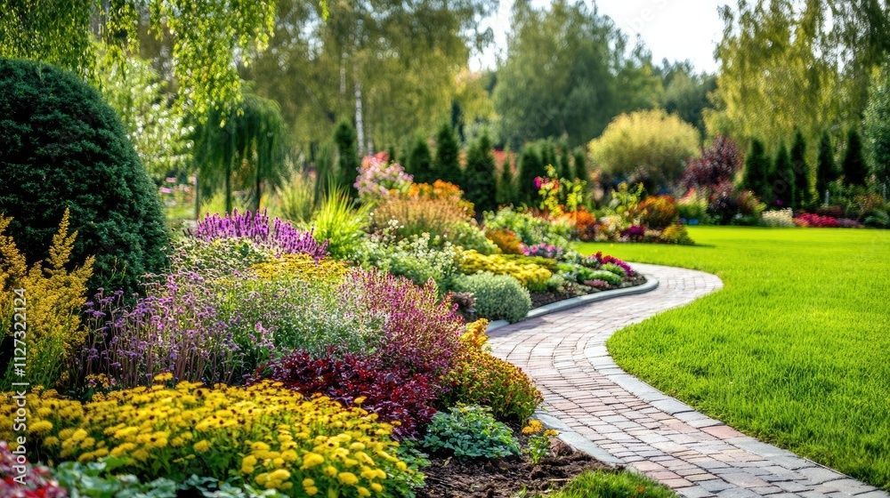 Brick path curves through a colorful flower garden with lush green lawn and trees in the background.