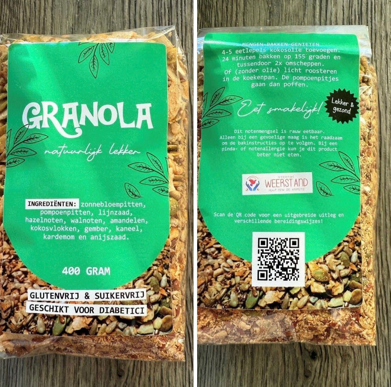 Verpakking zak Granola met daarop de ingrediënten zoals zaden, noten. Er staat ook op ​​vermeld dat het gluten- en suikervrij is.