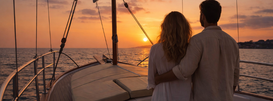 Pareja navegando en un llaut en un paseo romántico por Puerto Portals.