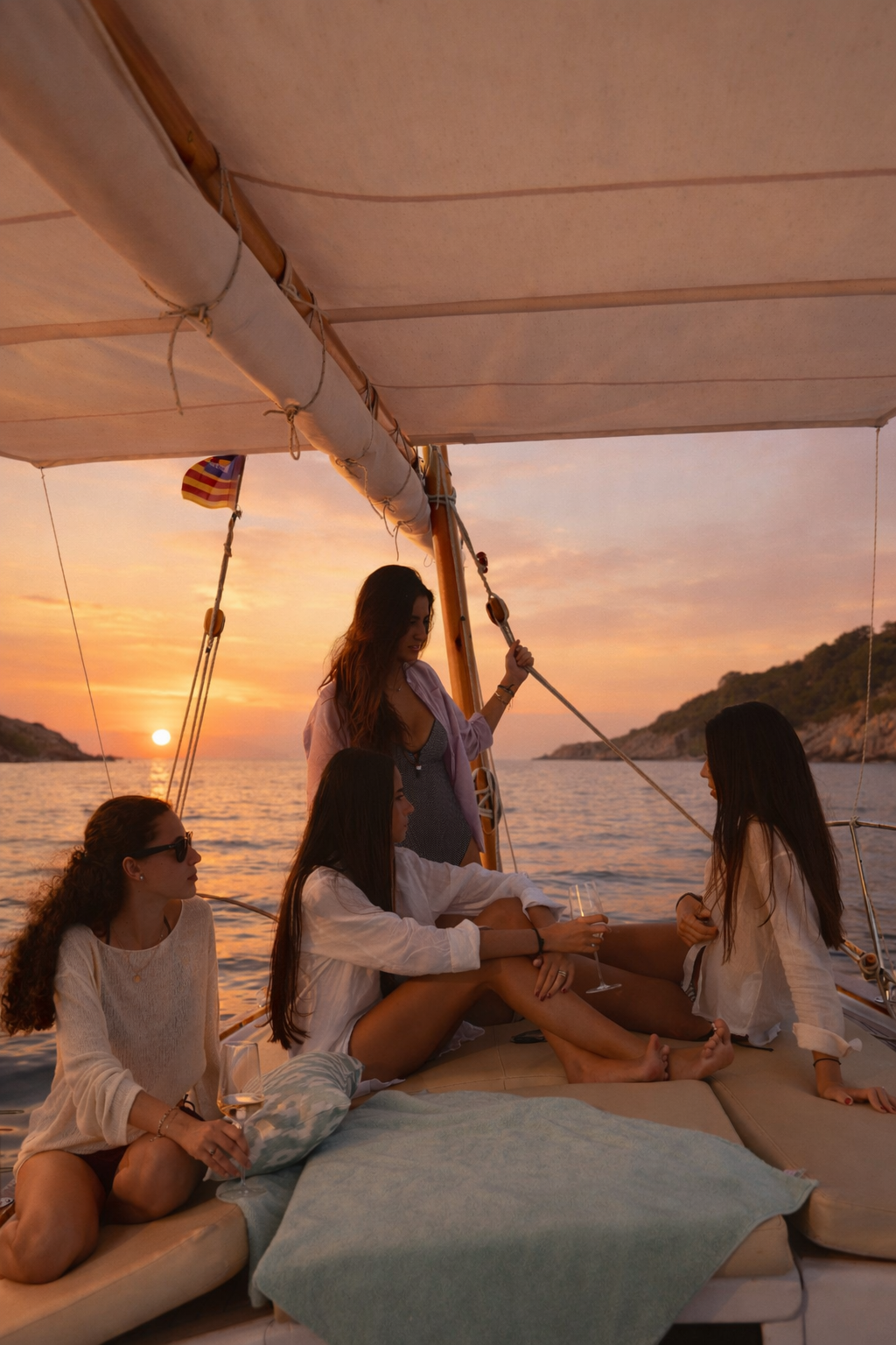Llaut navegando por el mar con la puesta de sol a lo lejos, ideal para un tour en barco en Mallorca.
