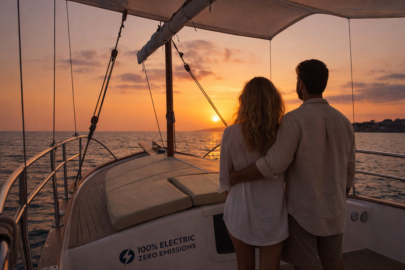 Pareja navegando en un llaut en un paseo romántico por Puerto Portals.