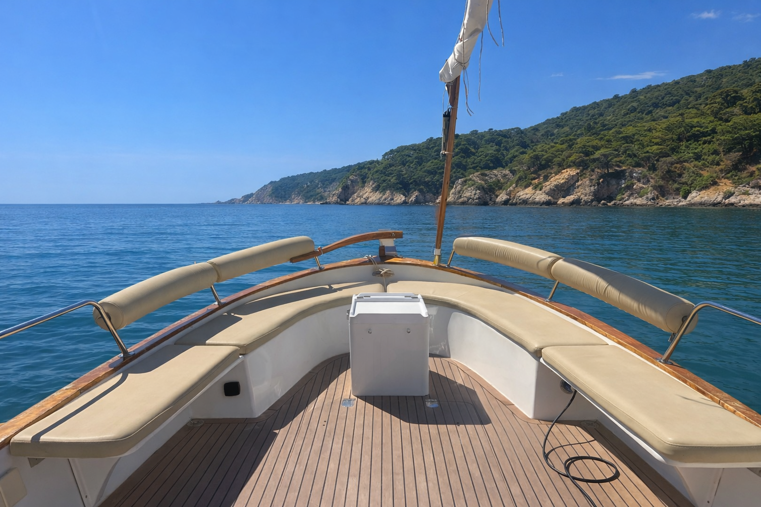 Barco navegando en aguas azules hacia una costa cubierta de árboles bajo un cielo despejado.