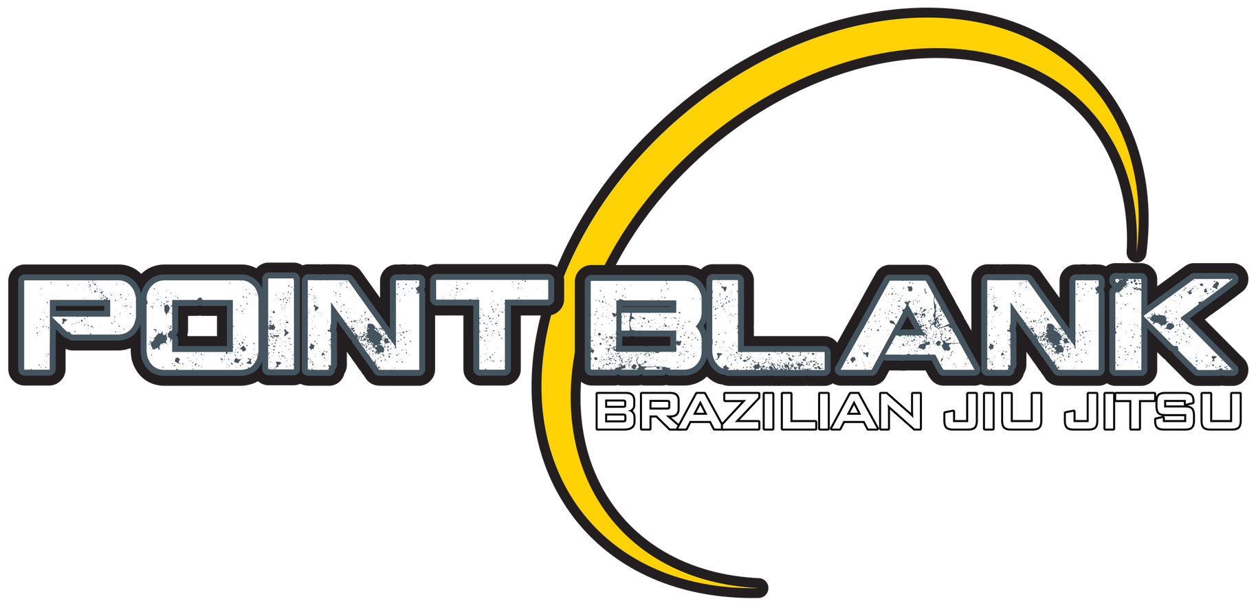 Logo for Point Blank Brazilian Jiu Jitsu, with yellow arc design through the words.
