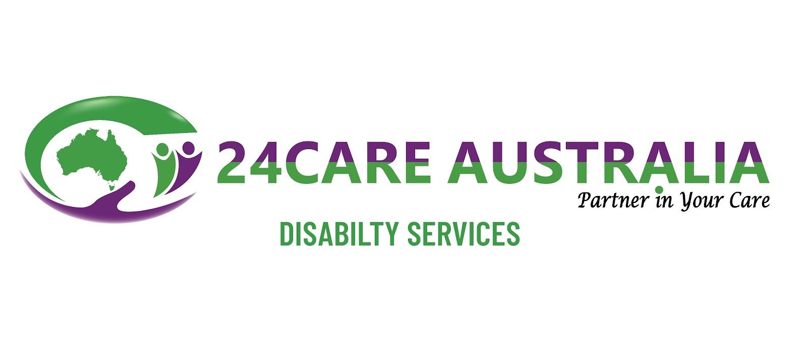 The logo for 24care australia disability services is purple and green.