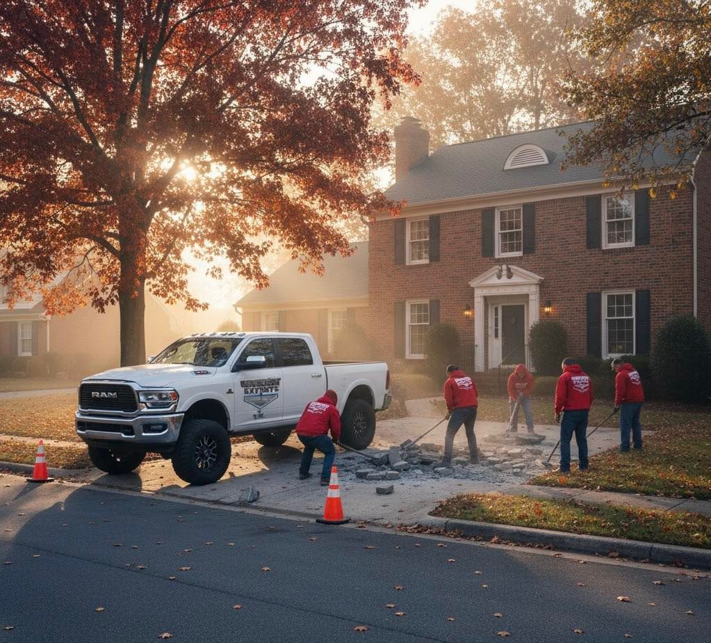 White truck parked in front of a brick house; crew in red shirts breaking concrete driveway. Autumn leaves, sunlight.