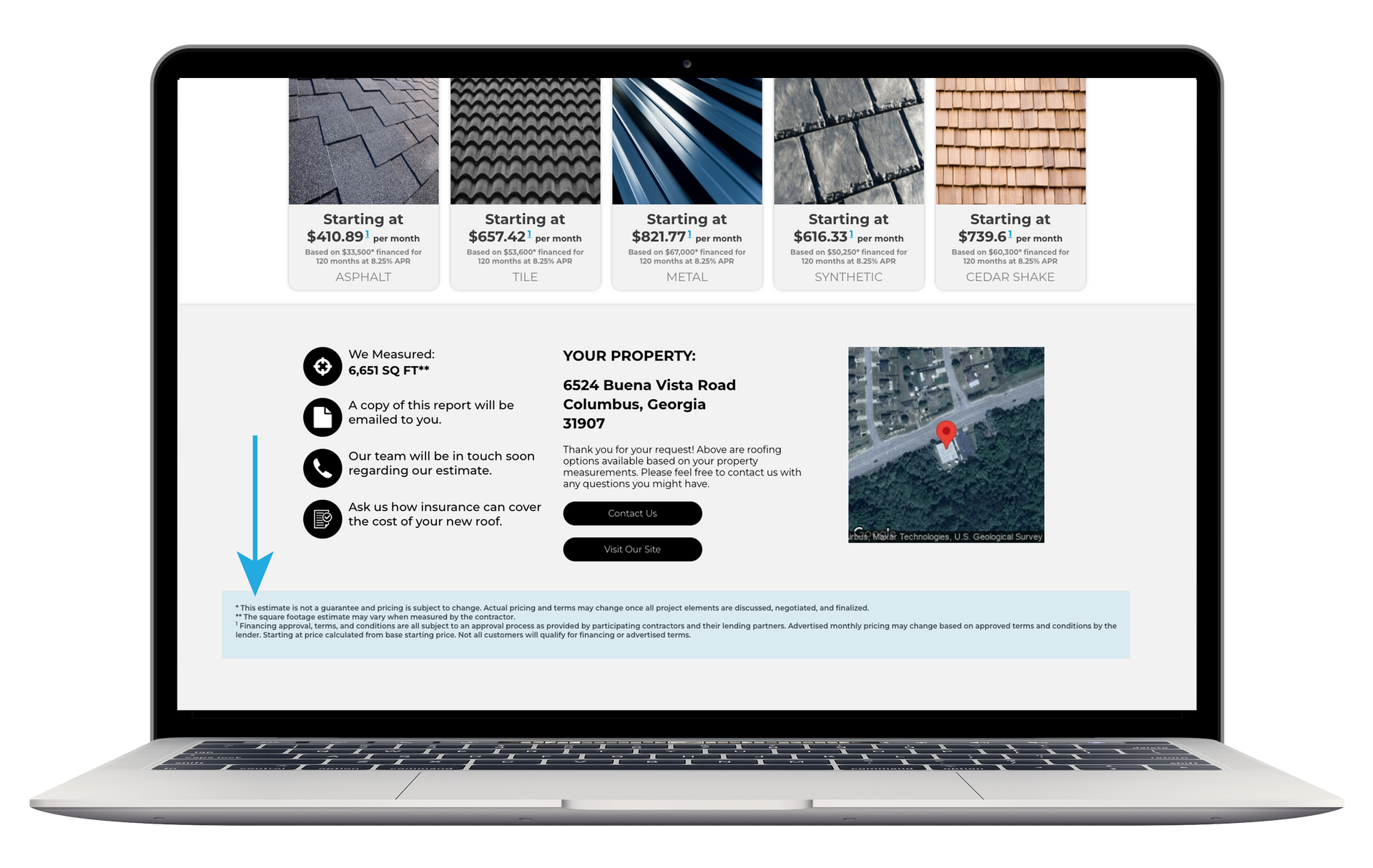 A laptop computer is open to a website showing QuickQuote report and pointing to disclaimer