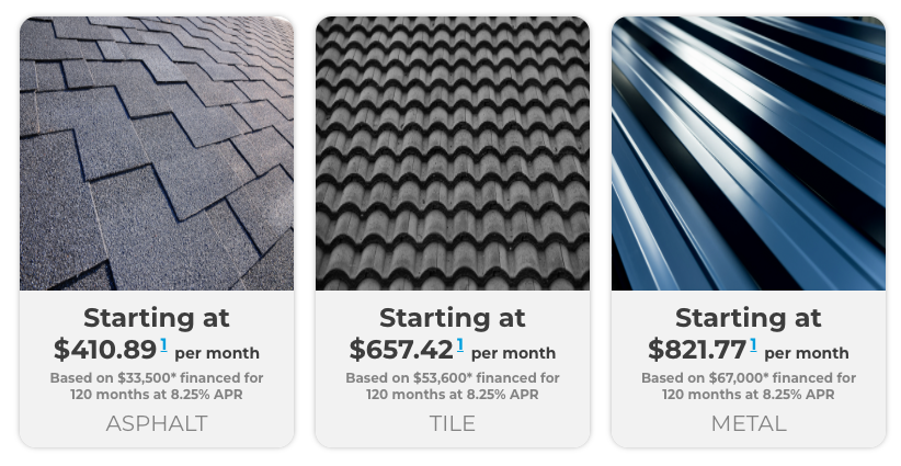 Three cards showing different types of roofing including asphalt tile and metal