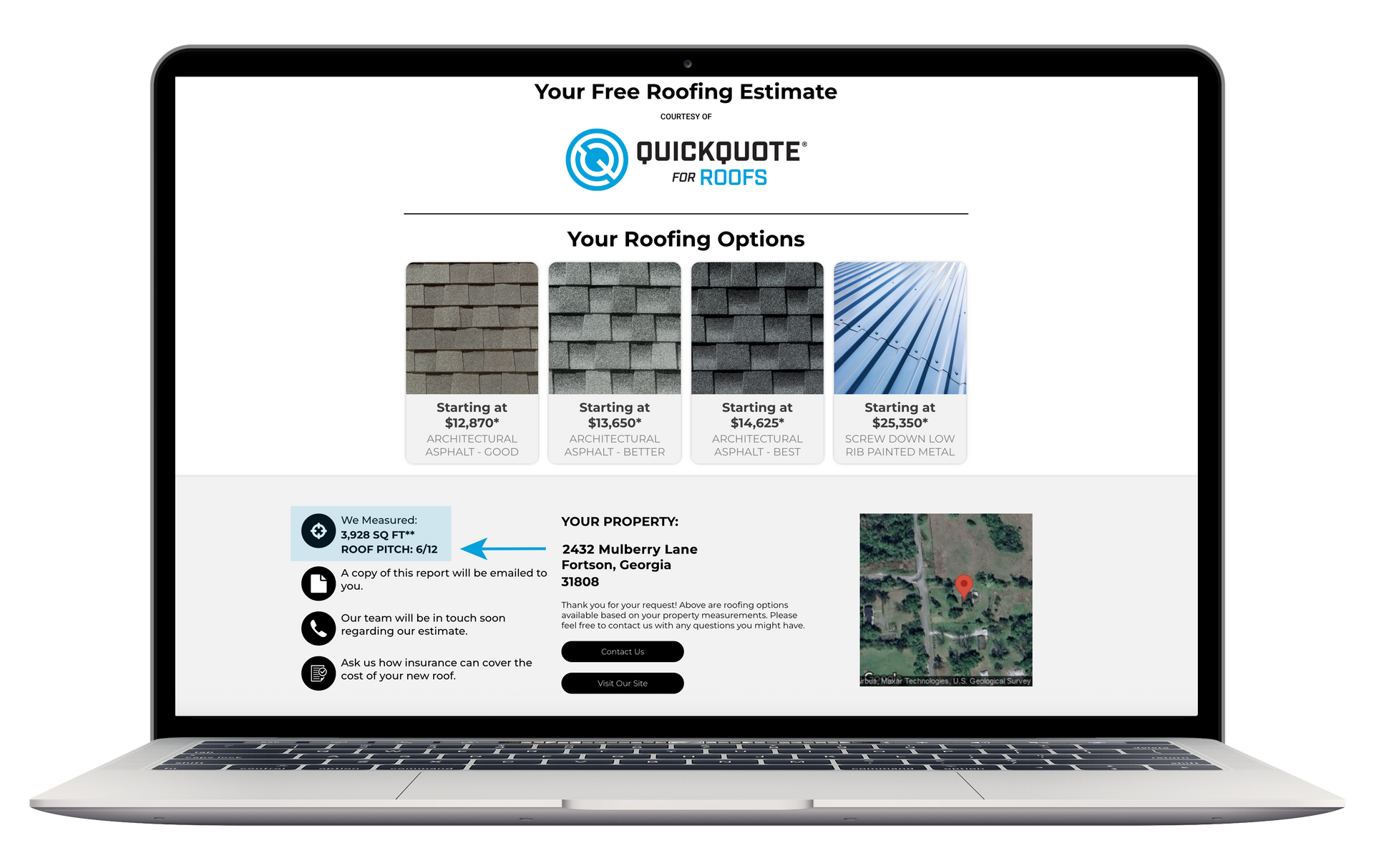 Laptop screen showing roofing options and a map with roof pricing options