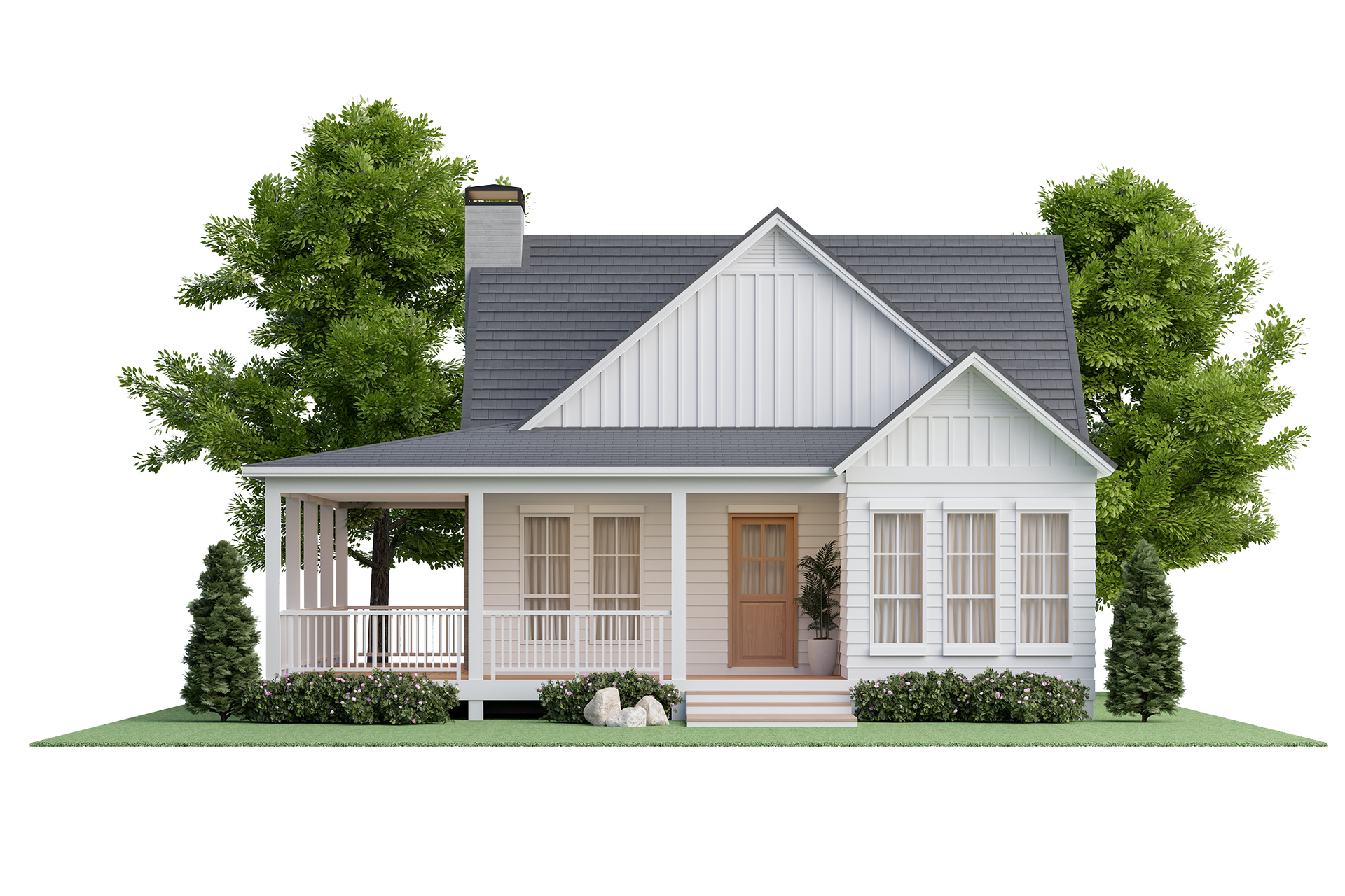 White farmhouse with gray roof, porch, and trees.