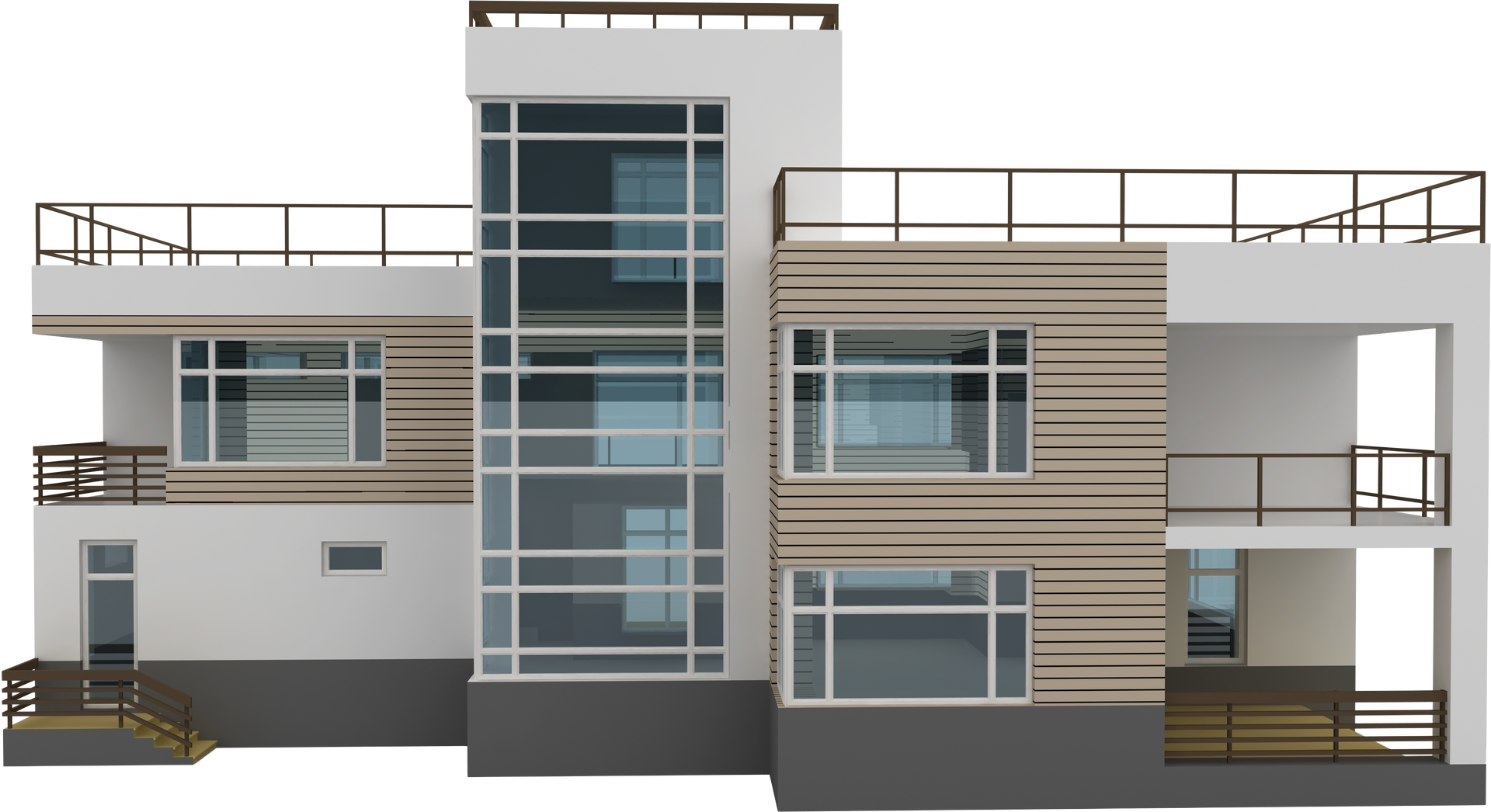 Modern two-story house with glass walls, balconies, and horizontal wooden siding. White and tan exterior.
