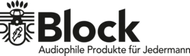 Black logo reading “Block” with small text “Audiophile Produkte für Jedermann” underneath