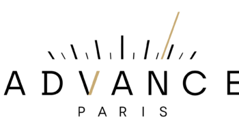 Advance Paris-Logo in Schwarz und Gold mit stilisierten Strahlen über dem Schriftzug