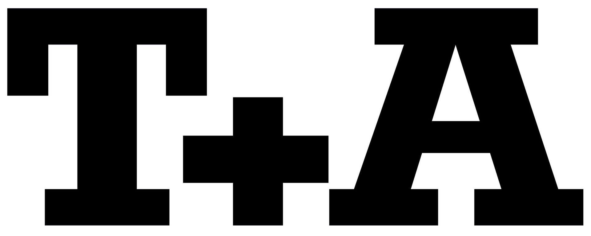 Schwarzes T+A-Logo mit fetten Serifenbuchstaben auf weißem Hintergrund