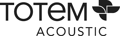 TOTEM ACOUSTIC-Logo in schwarzer Schrift mit einem stilisierten Blattsymbol auf wei&szlig;em Hintergrund