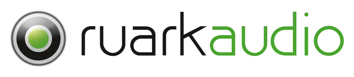 Ruark Audio-Logo mit schwarzem und grünem Text und einem kreisförmigen grün-grauen Symbol