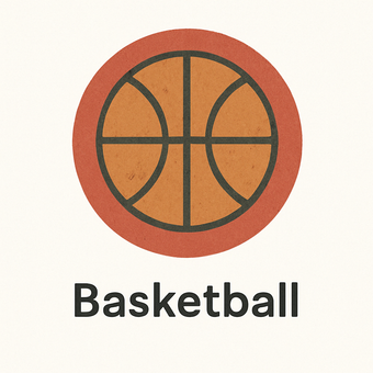 A basketball in a circle with the word basketball below it