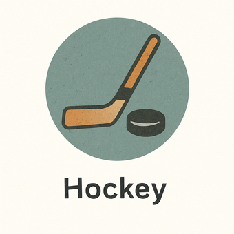A hockey stick and puck in a circle with the word hockey below it