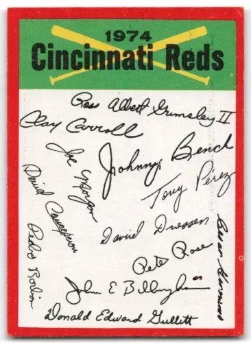 A 1974 cincinnati reds baseball card with signatures on it