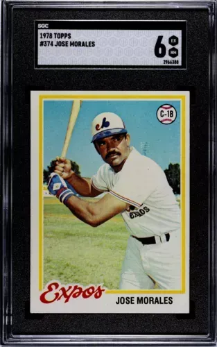 A jose morales baseball card is in a display case