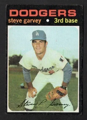 A dodgers baseball card shows steve garvey on the 3rd base
