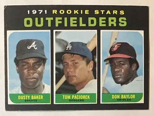 Three baseball players from the 1971 rookie stars outfielders