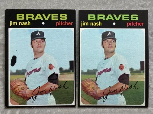 Two baseball cards of jim nash pitcher for the braves
