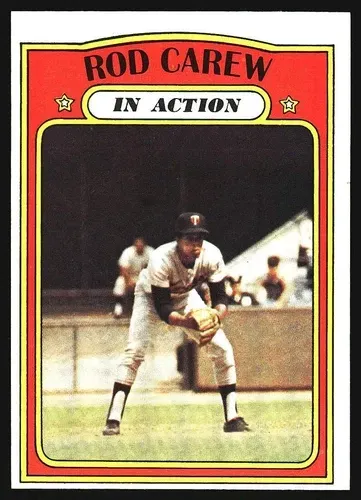 A baseball card of rod carew in action