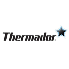 The Thermador logo, featuring the brand name in a bold, black sans-serif font next to a blue-glowing, five-pointed star.