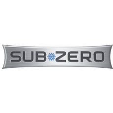 The metallic Sub-Zero logo with a blue snowflake icon between the words on a brushed silver, curved background.