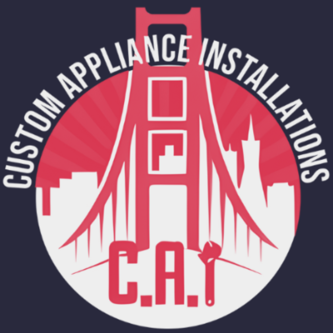 Logo for Custom Appliance Installations featuring a red Golden Gate Bridge silhouette over a city skyline with text C.A.I.