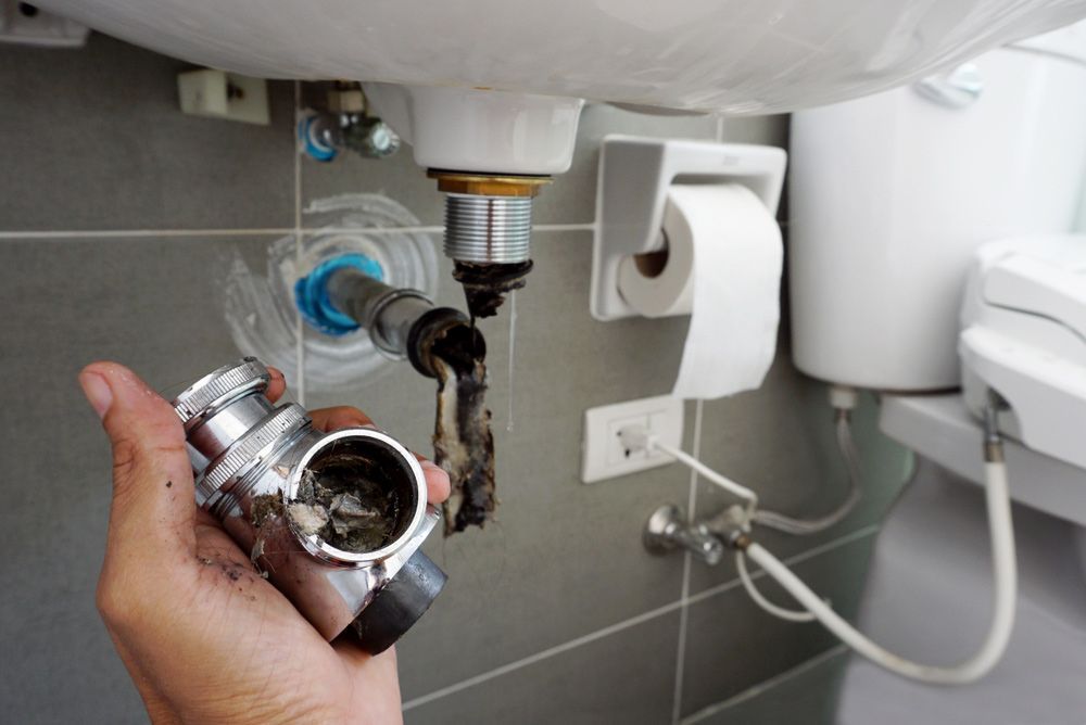 A Person Is Holding a Pipe Under a Sink in A Bathroom — One Flush Plumbing Service In Oxenford, QLD