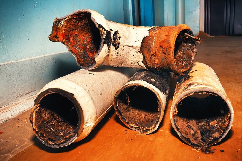 Three Dirty Pipes Are Stacked on Top of Each Other on A Wooden Floor — One Flush Plumbing Service In Oxenford, QLD