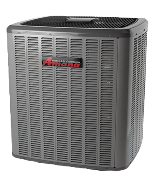 Gray air conditioner unit and tall water heater tank side by side on a white background