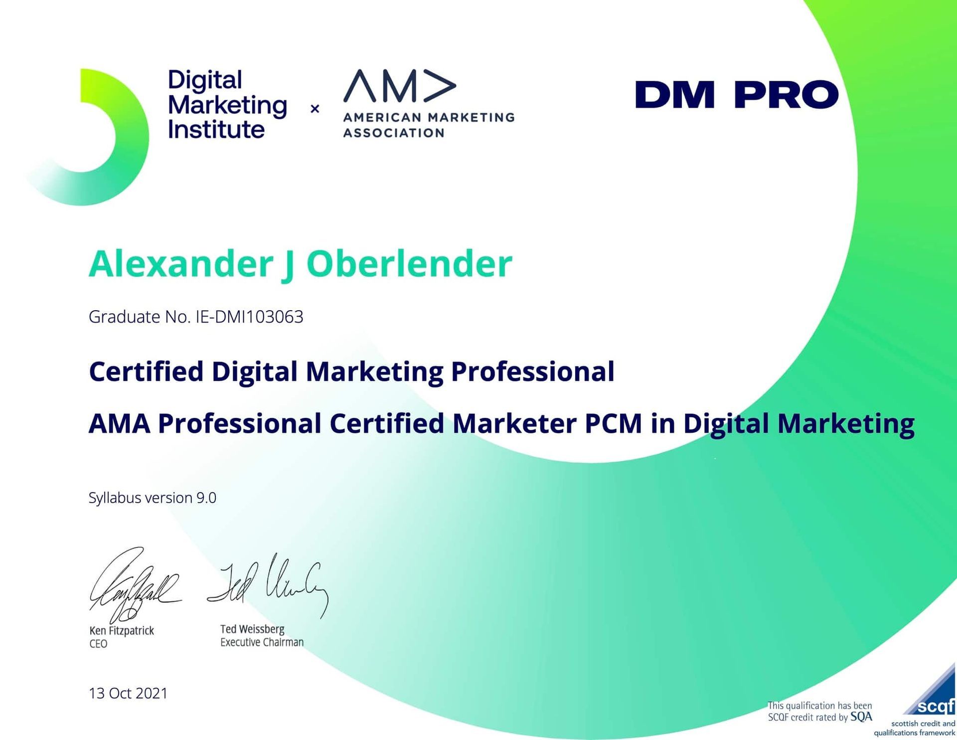 A digital marketing certificate for alexander j oberlender