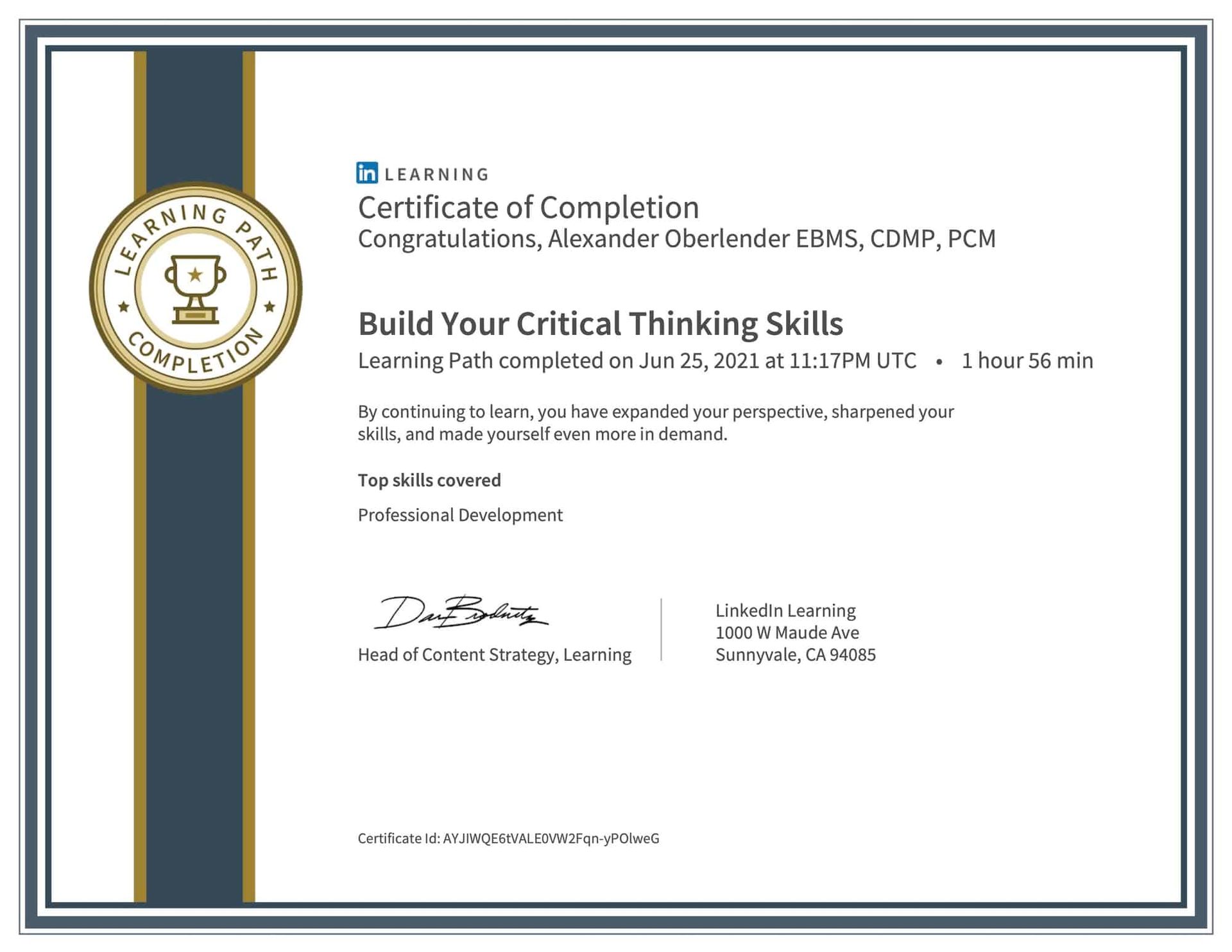 A certificate that says `` build your critical thinking skills ''
