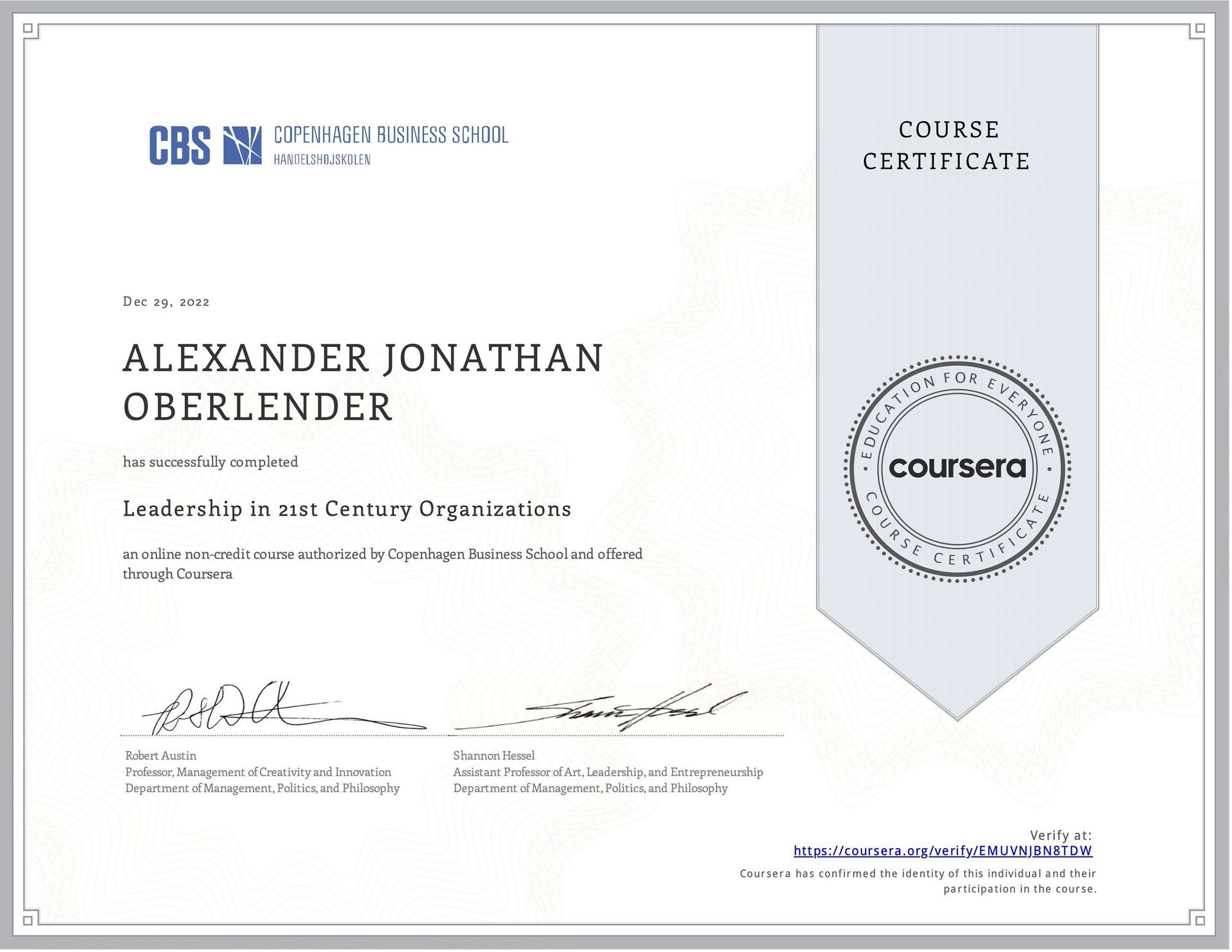A certificate that says coursera on it