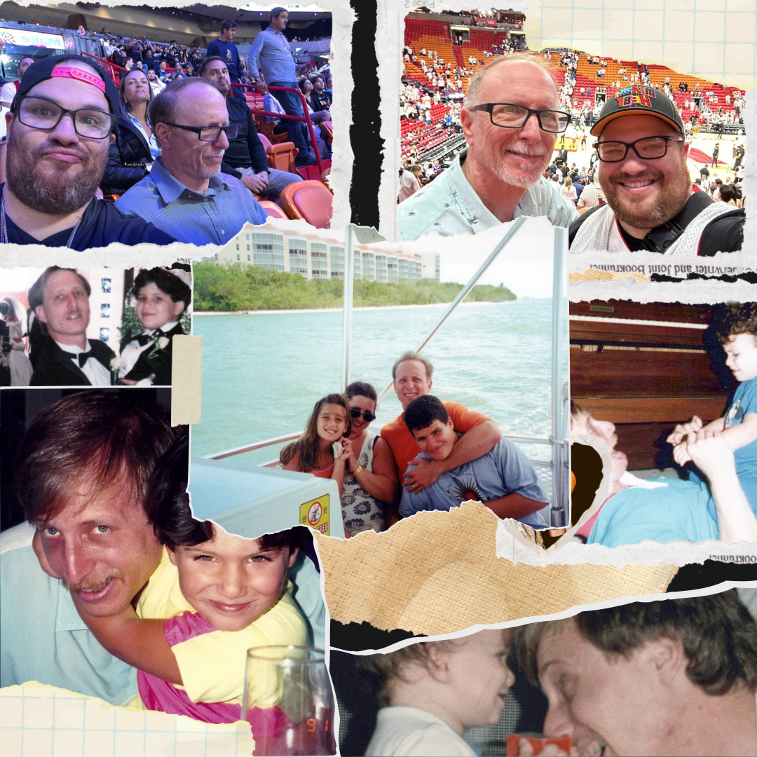 A collage of pictures shows a man holding a child