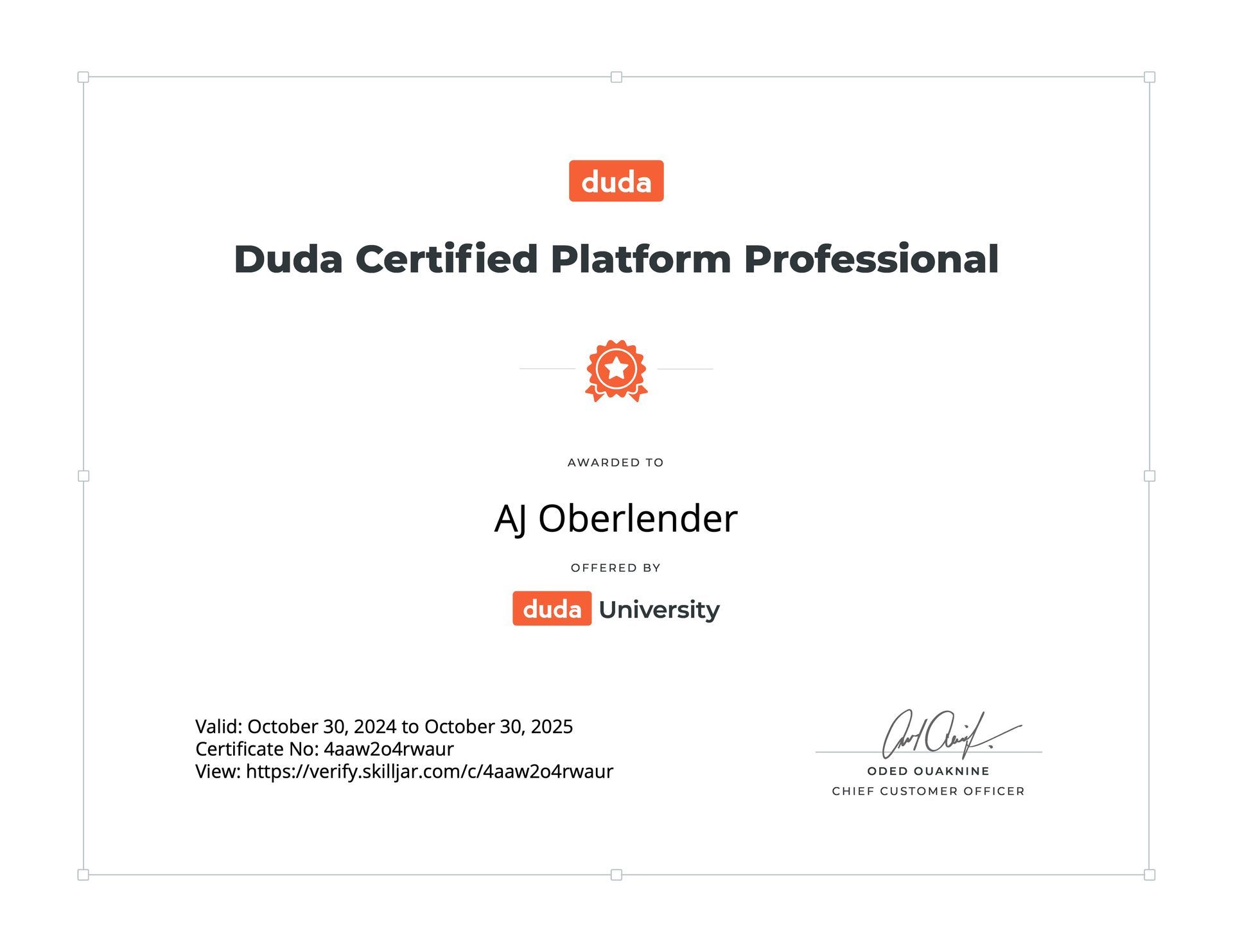 A certificate that says duda certified platform professional on it