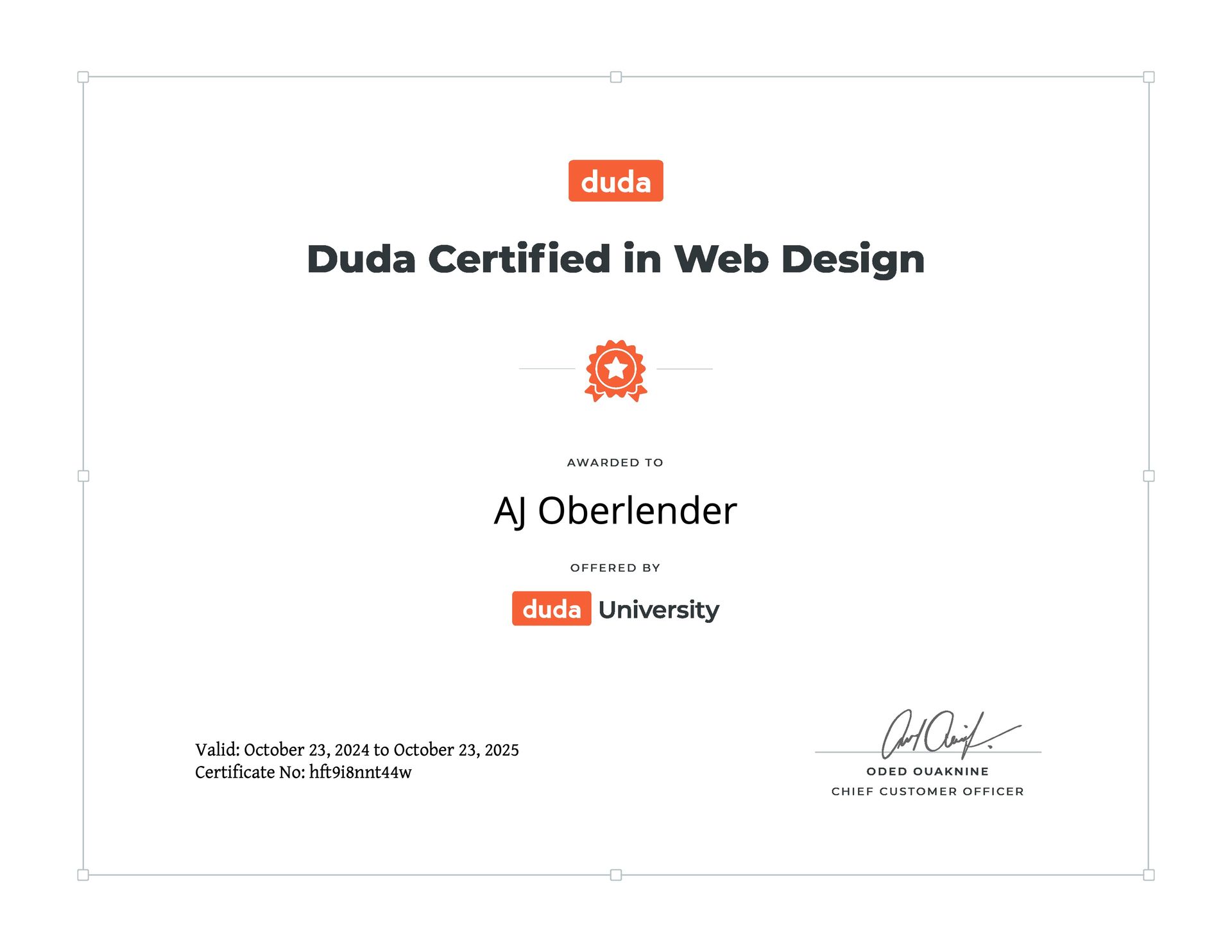 A certificate that says ' duda certified in web design ' on it