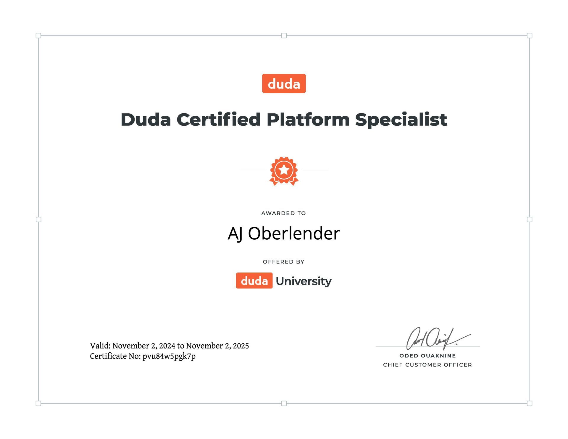 A certificate that says ' duda certified platform specialist ' on it