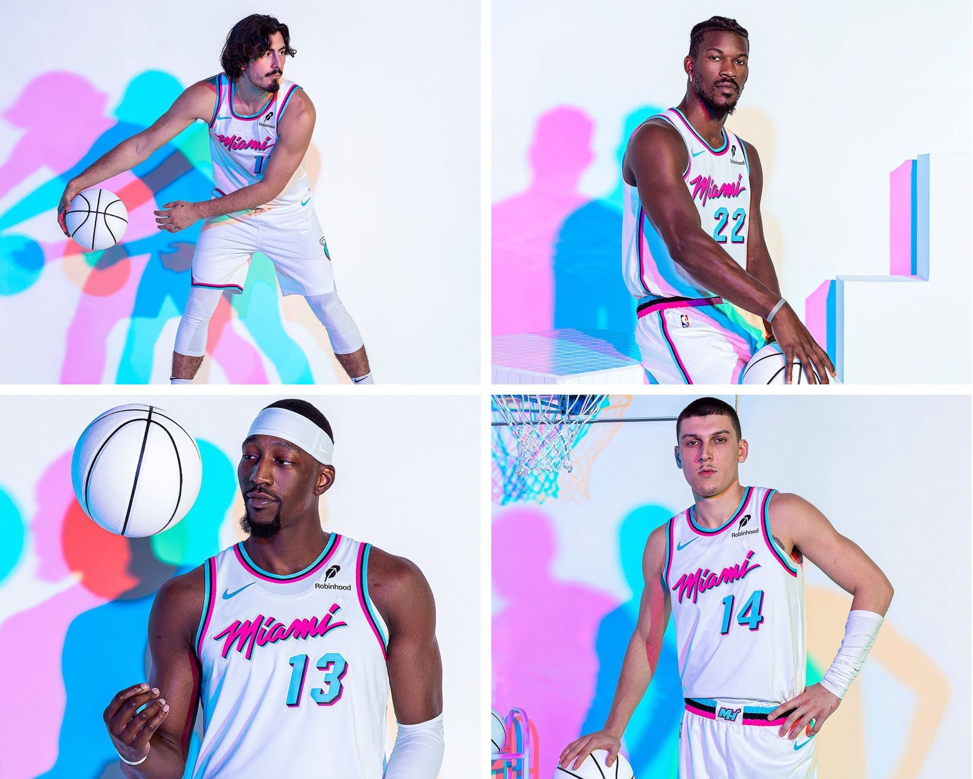 A collage of four photos of miami heat basketball players