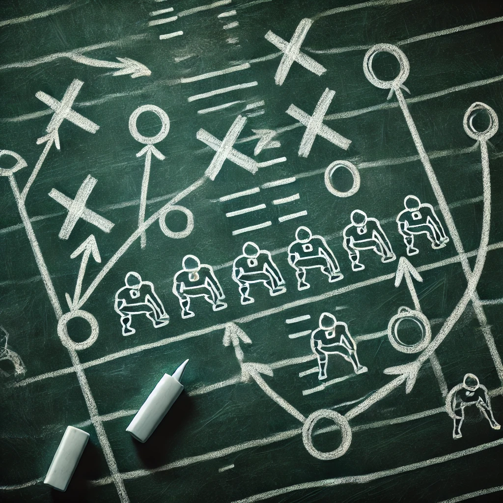 A football strategy is drawn on a blackboard with chalk