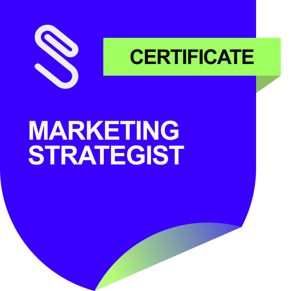 A blue shield with the words `` marketing strategist '' written on it.