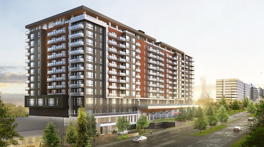 An artist 's impression of a large apartment building surrounded by trees and a street.