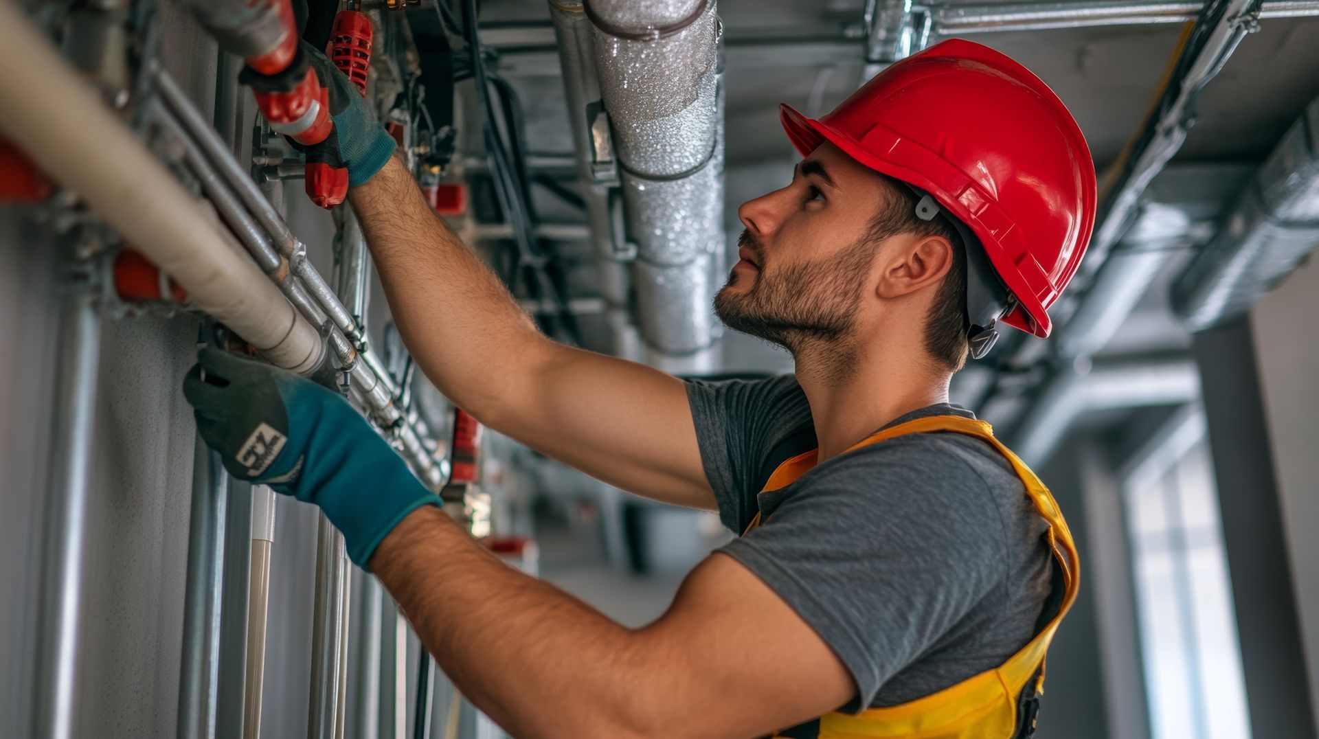 Un homme portant un casque rouge et des gants de travail examine des tuyaux dans le plafond d'un bâtiment.