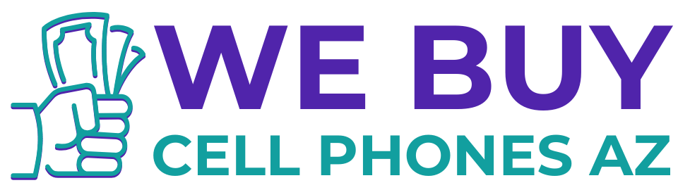 A logo for we buy cell phones az with a hand holding a cell phone.