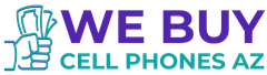 A logo for we buy cell phones az with a hand holding a cell phone.