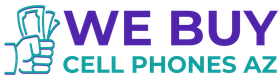 A logo for we buy cell phones az with a hand holding a cell phone.